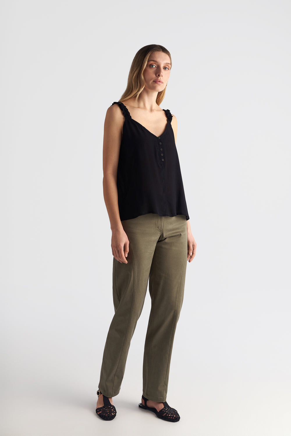 Ruffle Strap Cami With Button Detail