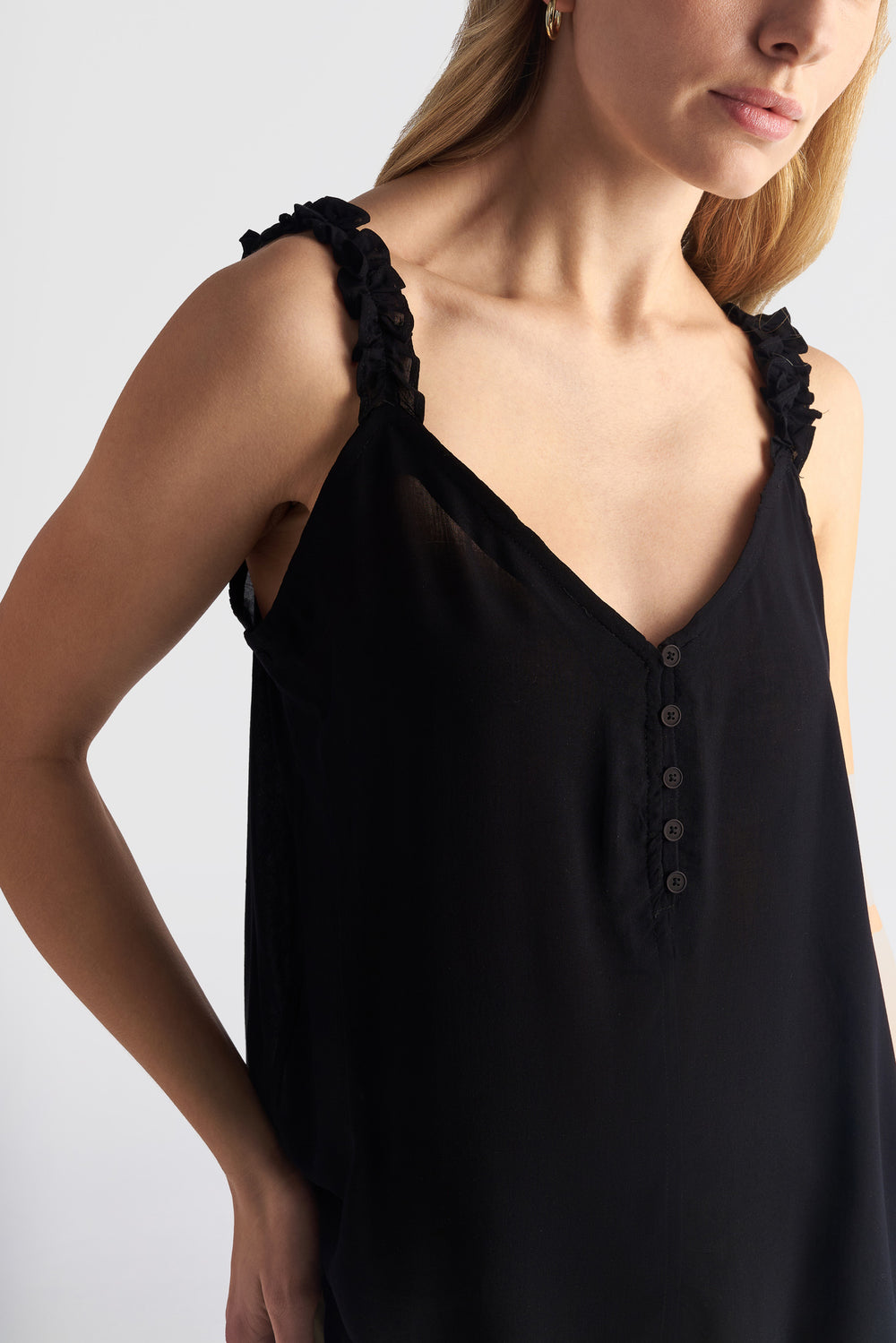 Ruffle Strap Cami With Button Detail