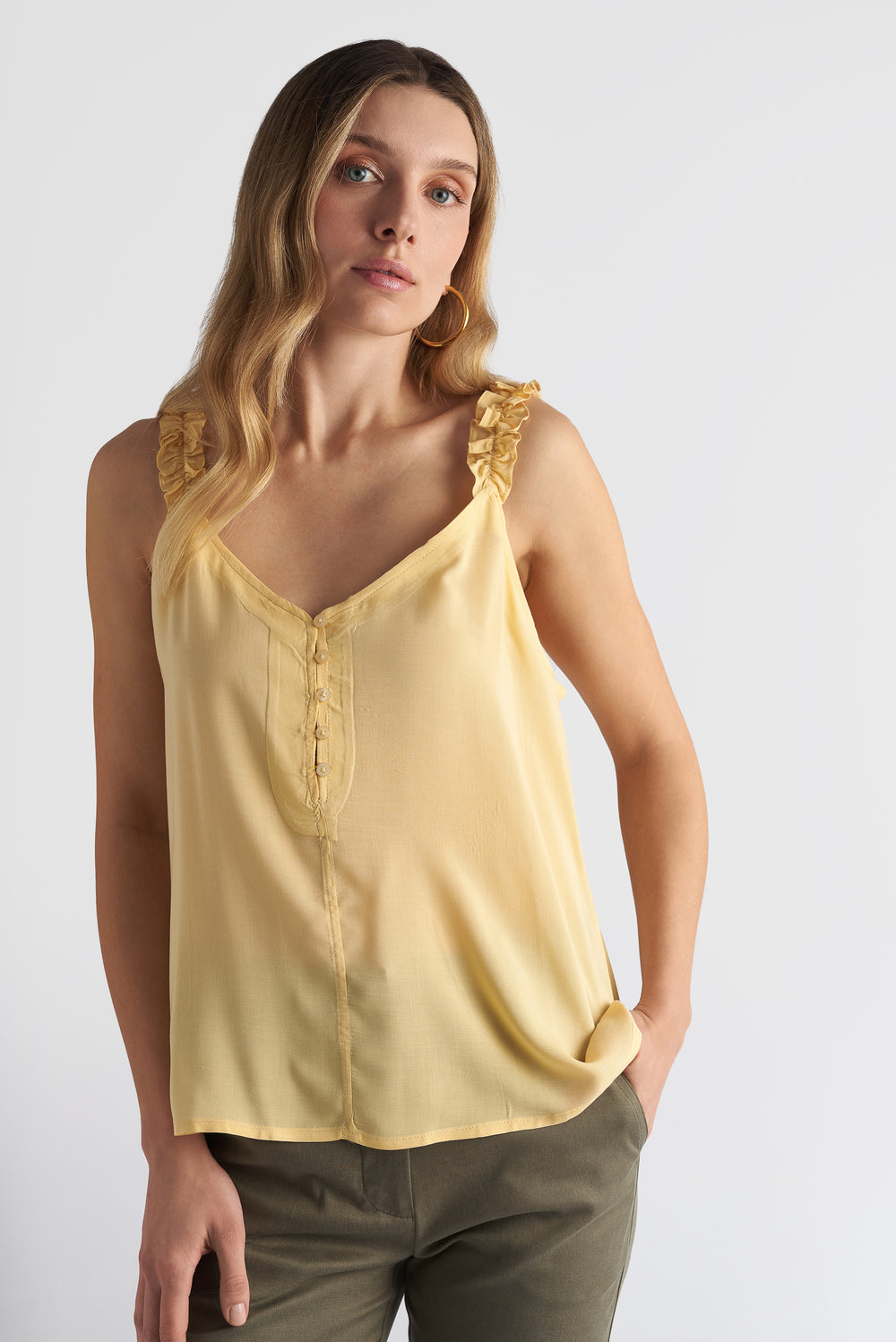 Ruffle Strap Cami With Button Detail