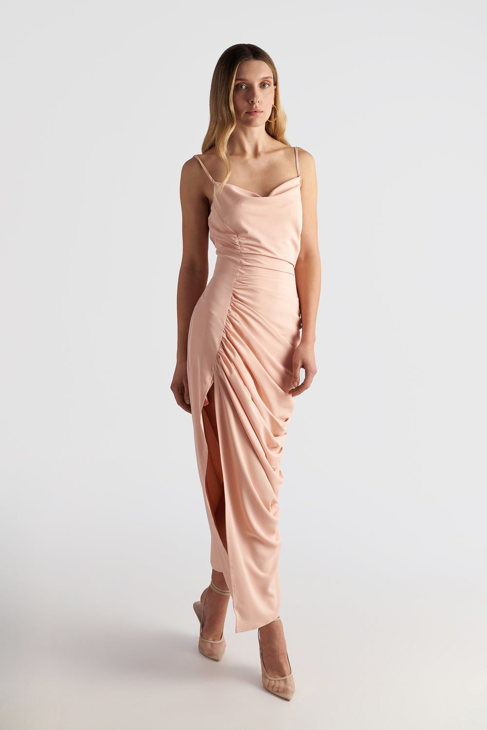 Long Drape Cocktail Dress With Rushed Side Slit Detail