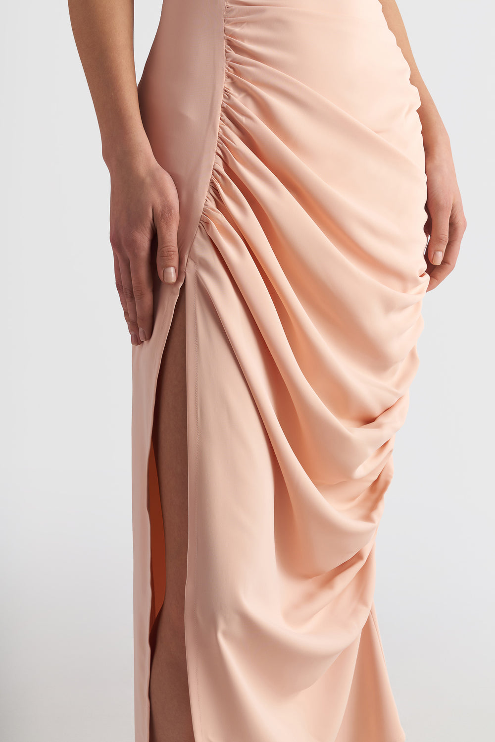 Long Drape Cocktail Dress With Rushed Side Slit Detail