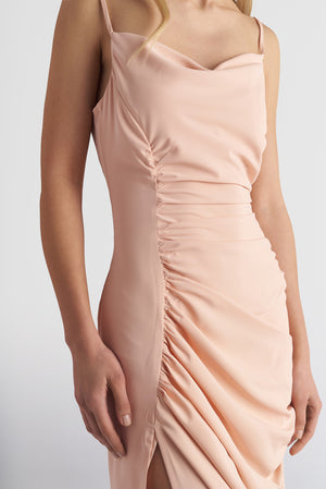 Long Drape Cocktail Dress With Rushed Side Slit Detail