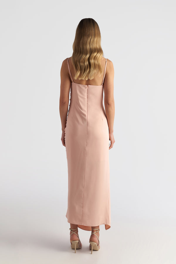 Long Drape Cocktail Dress With Rushed Side Slit Detail