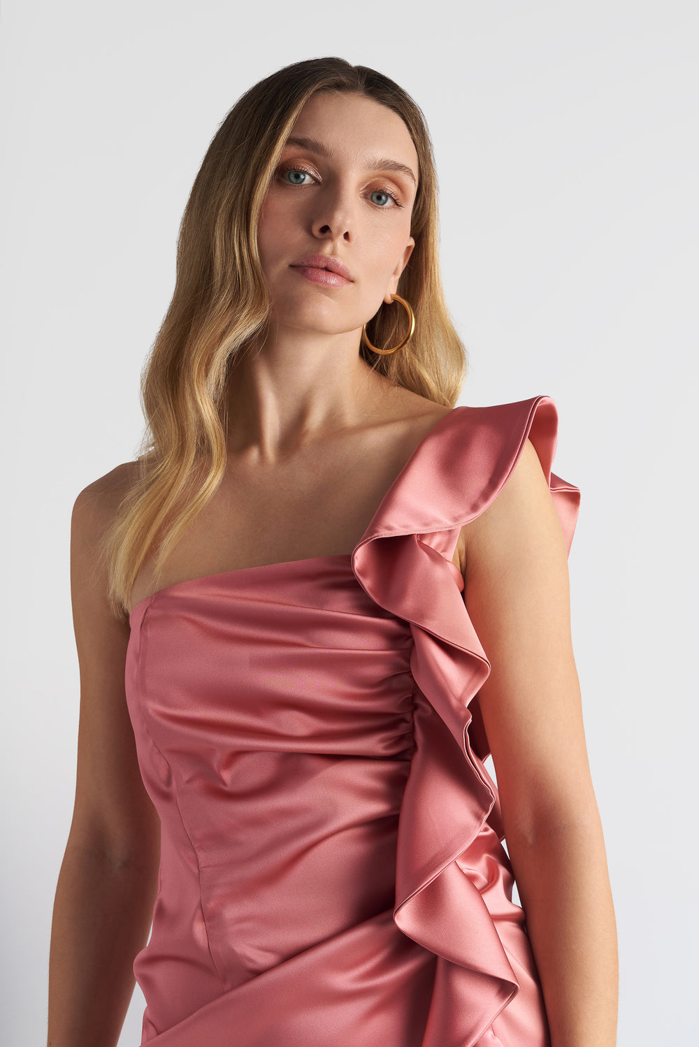 Asymmetric Ruffle Side Satin Dress