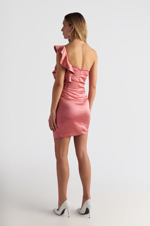 Asymmetric Ruffle Side Satin Dress