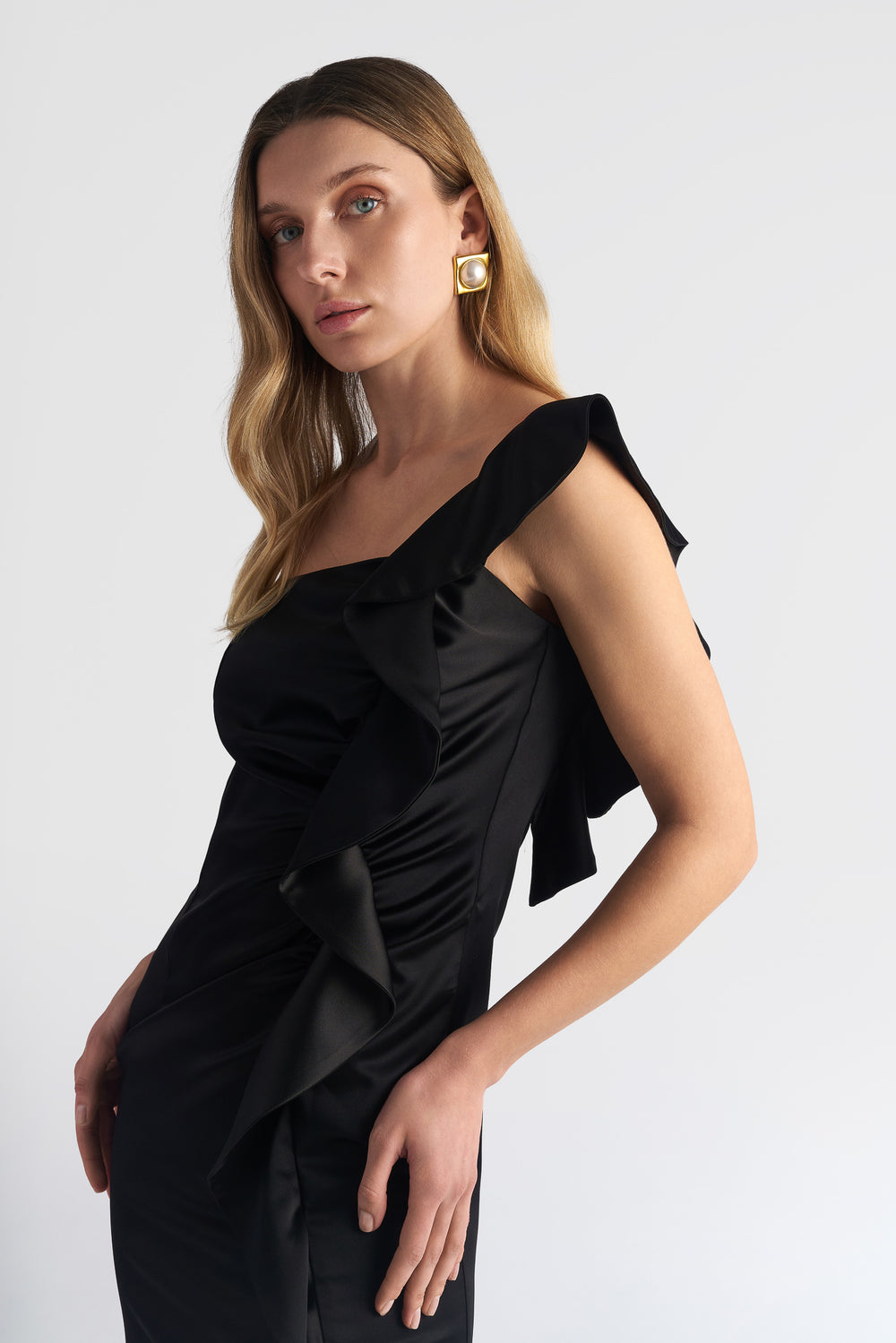 Asymmetric Ruffle Side Satin Dress