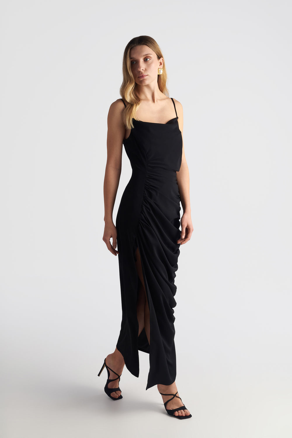 Long Drape Cocktail Dress With Rushed Side Slit Detail