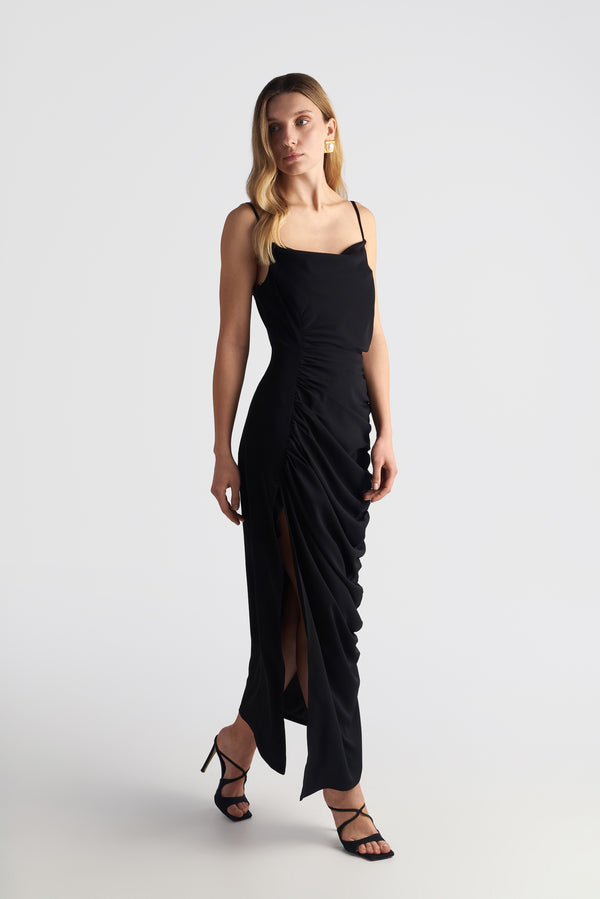 Long Drape Cocktail Dress With Rushed Side Slit Detail