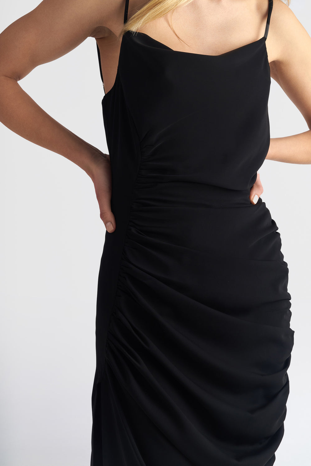 Long Drape Cocktail Dress With Rushed Side Slit Detail