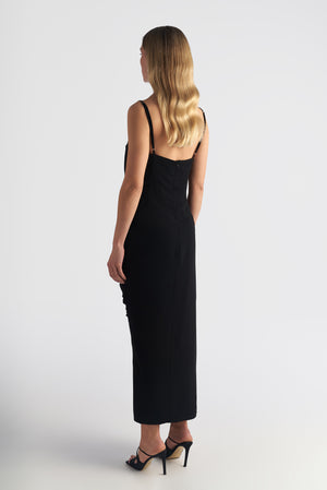 Long Drape Cocktail Dress With Rushed Side Slit Detail