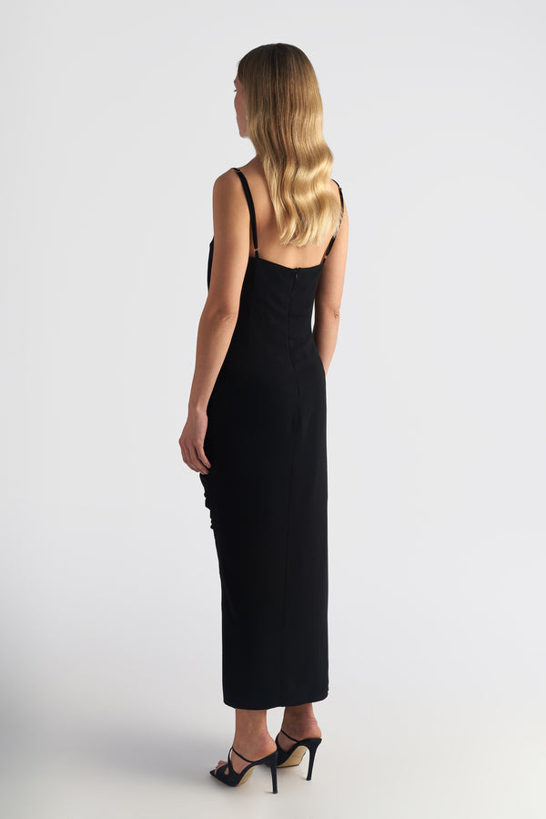 Long Drape Cocktail Dress With Rushed Side Slit Detail