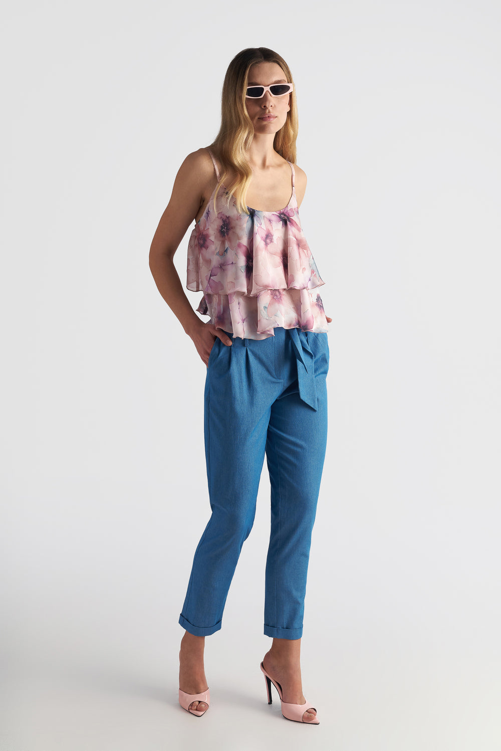 Denim Ruffle High-Waist Tapered Ankle Pants With Belt