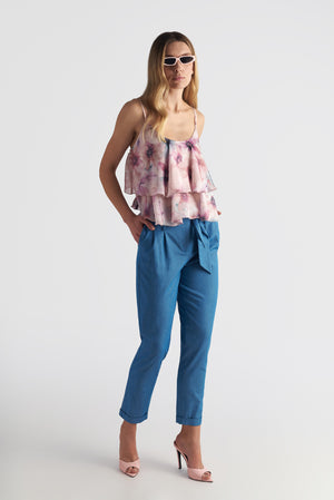 Denim Ruffle High-Waist Tapered Ankle Pants With Belt