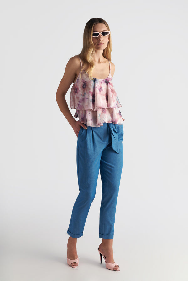 Denim Ruffle High-Waist Tapered Ankle Pants With Belt