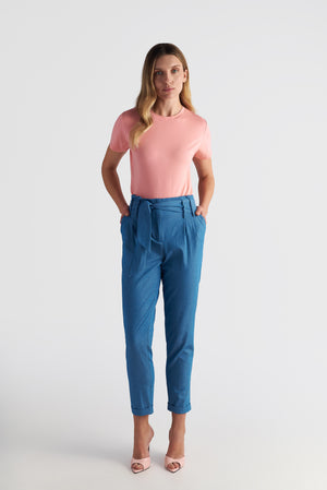 Denim Ruffle High-Waist Tapered Ankle Pants With Belt