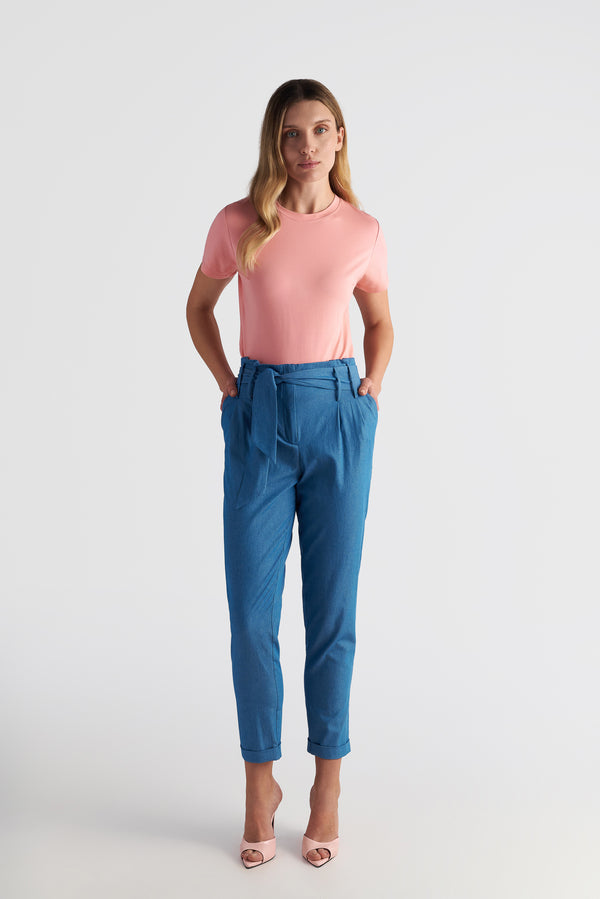 Denim Ruffle High-Waist Tapered Ankle Pants With Belt