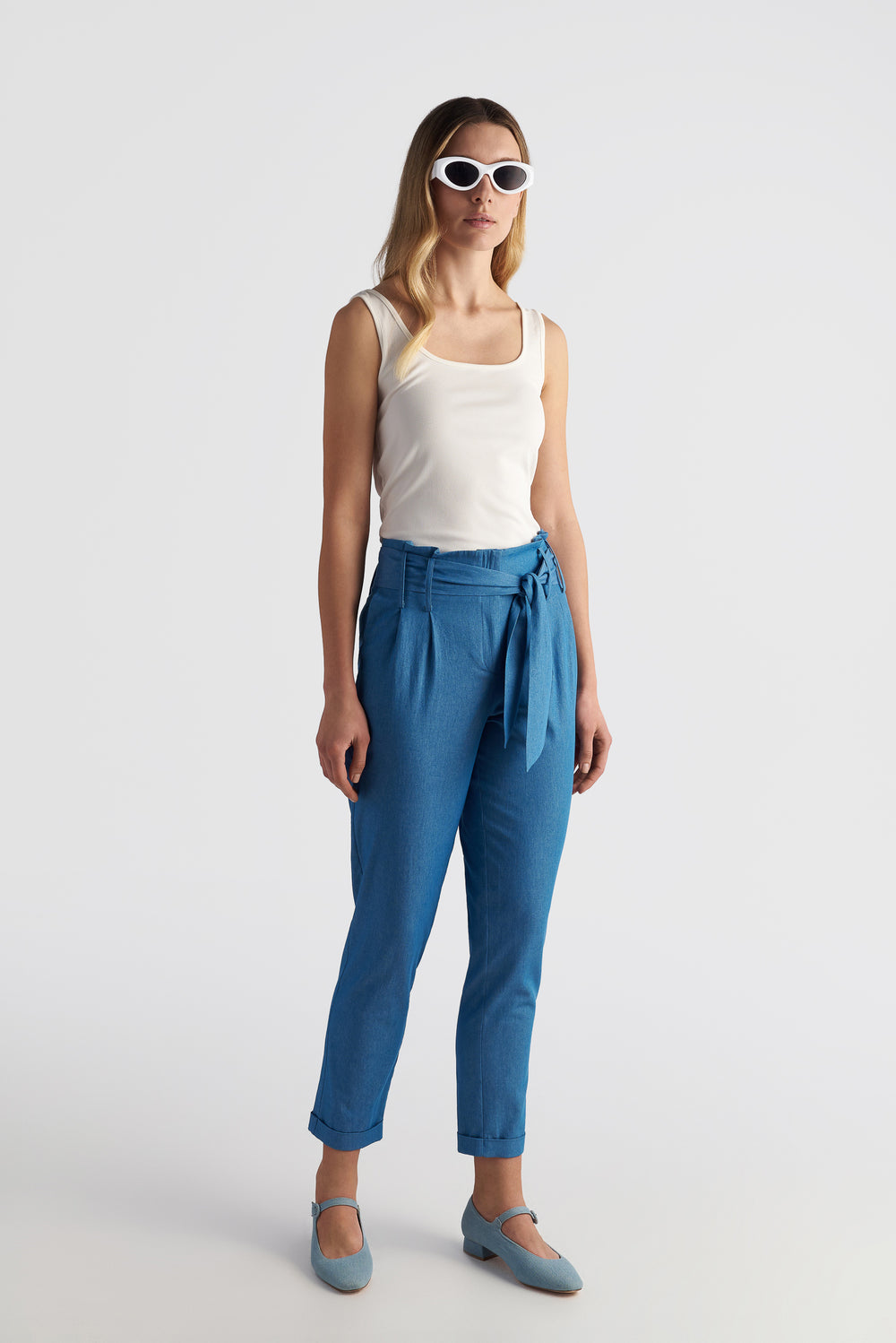 Denim Ruffle High-Waist Tapered Ankle Pants With Belt