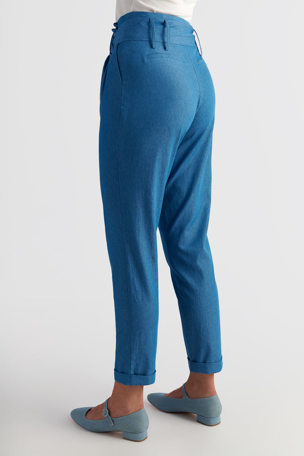 Denim Ruffle High-Waist Tapered Ankle Pants With Belt
