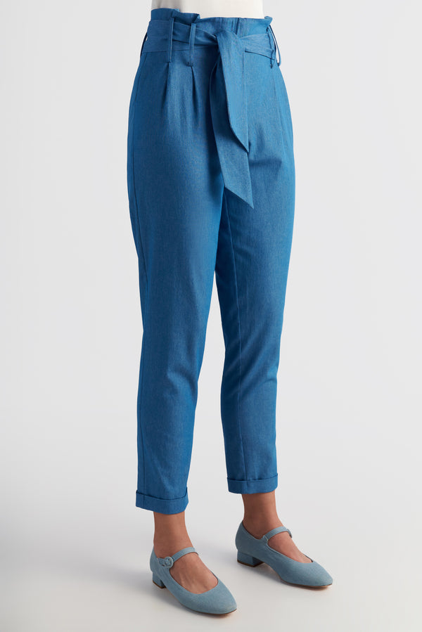 Denim Ruffle High-Waist Tapered Ankle Pants With Belt