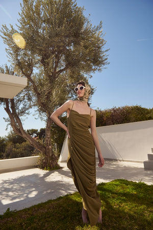 Long Drape Cocktail Dress With Rushed Side Slit Detail