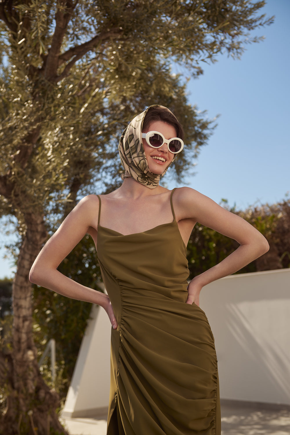 Long Drape Cocktail Dress With Rushed Side Slit Detail