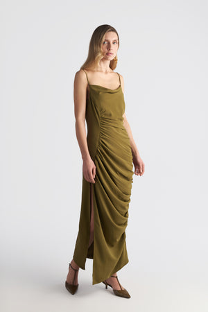 Long Drape Cocktail Dress With Rushed Side Slit Detail