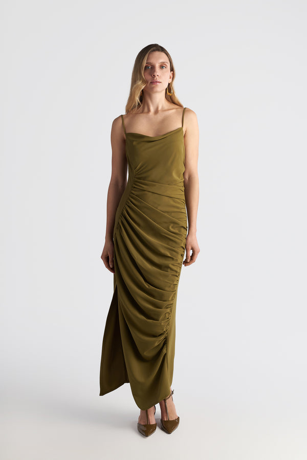 Long Drape Cocktail Dress With Rushed Side Slit Detail