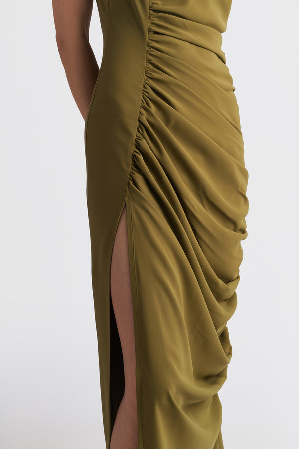 Long Drape Cocktail Dress With Rushed Side Slit Detail