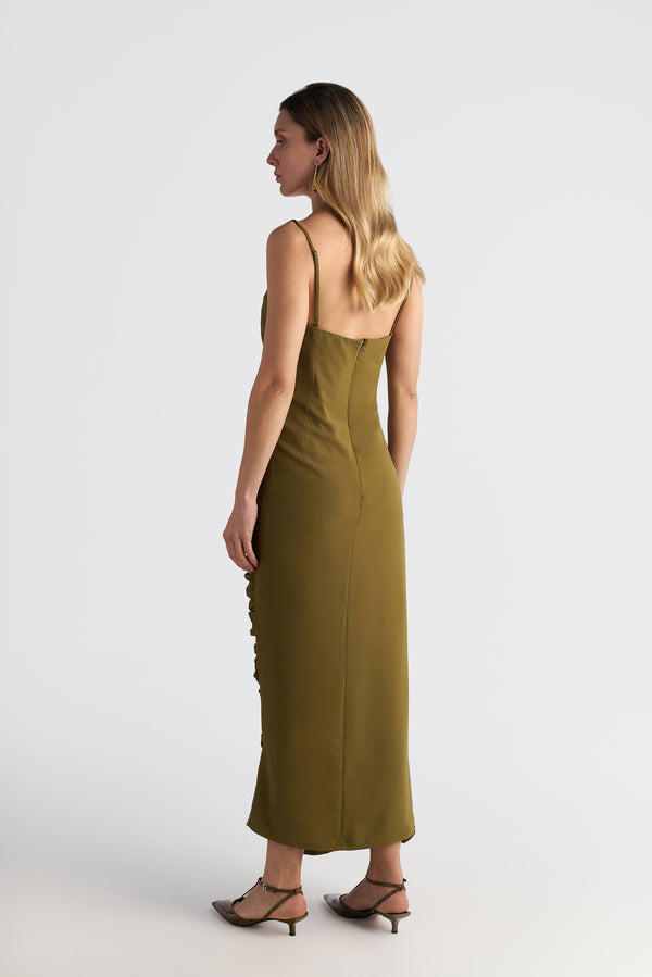 Long Drape Cocktail Dress With Rushed Side Slit Detail