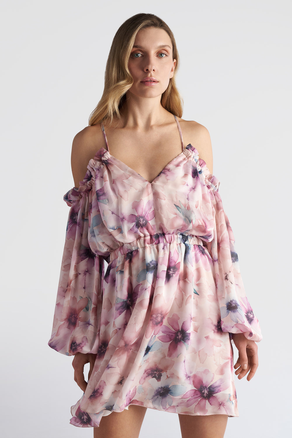 Off-the-Shoulder Criss-Cross Back Floral Mini Dress