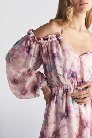 Off-the-Shoulder Criss-Cross Back Floral Mini Dress
