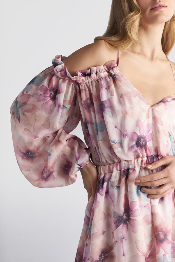 Off-the-Shoulder Criss-Cross Back Floral Mini Dress