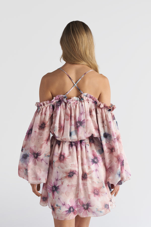 Off-the-Shoulder Criss-Cross Back Floral Mini Dress