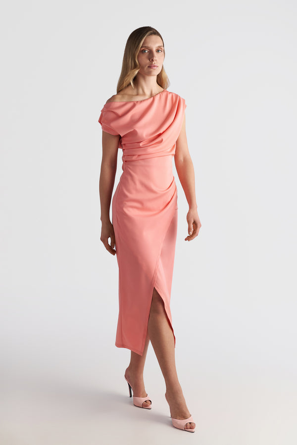 Drape Off Shoulder Midi Dress