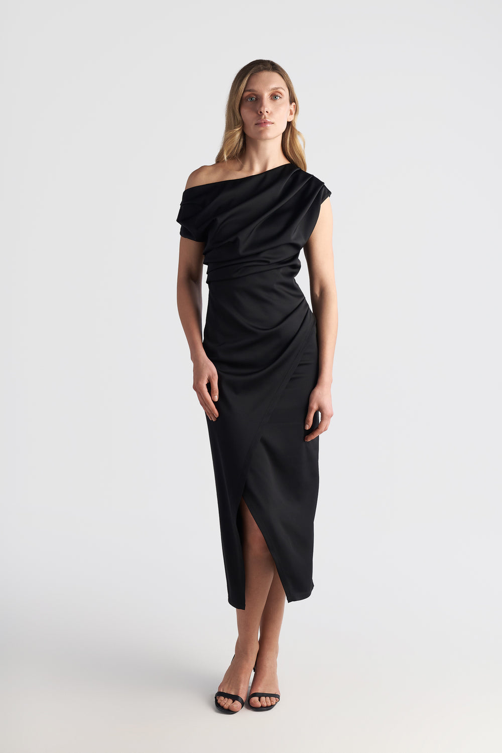 Drape Off Shoulder Midi Dress