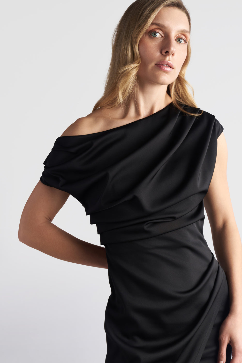 Drape Off Shoulder Midi Dress