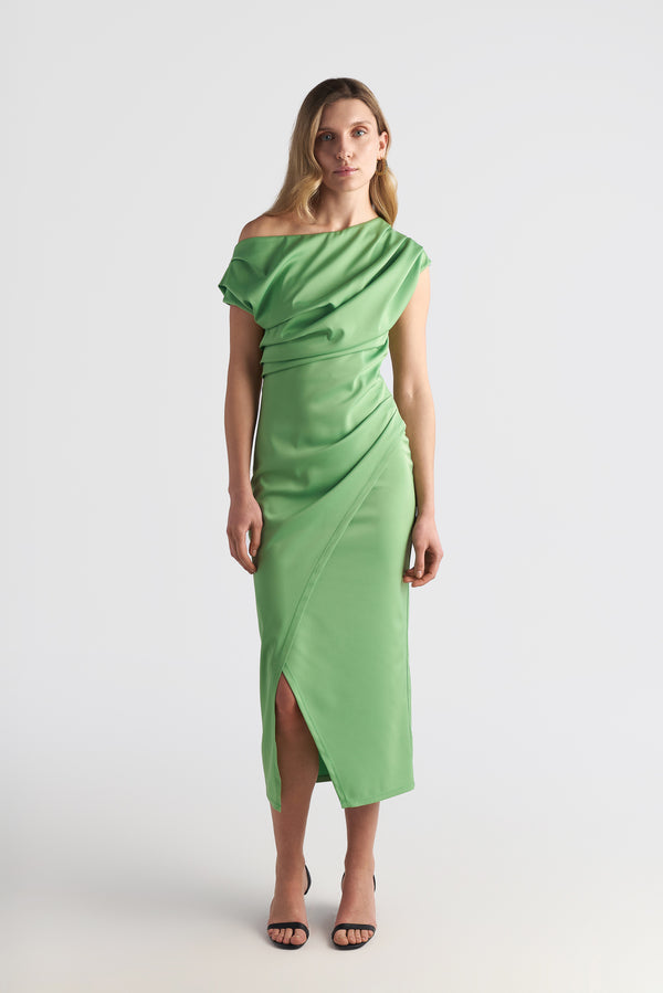 Drape Off Shoulder Midi Dress