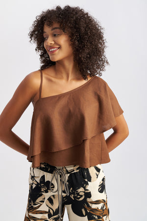 Thalia One Shoulder Top Brown