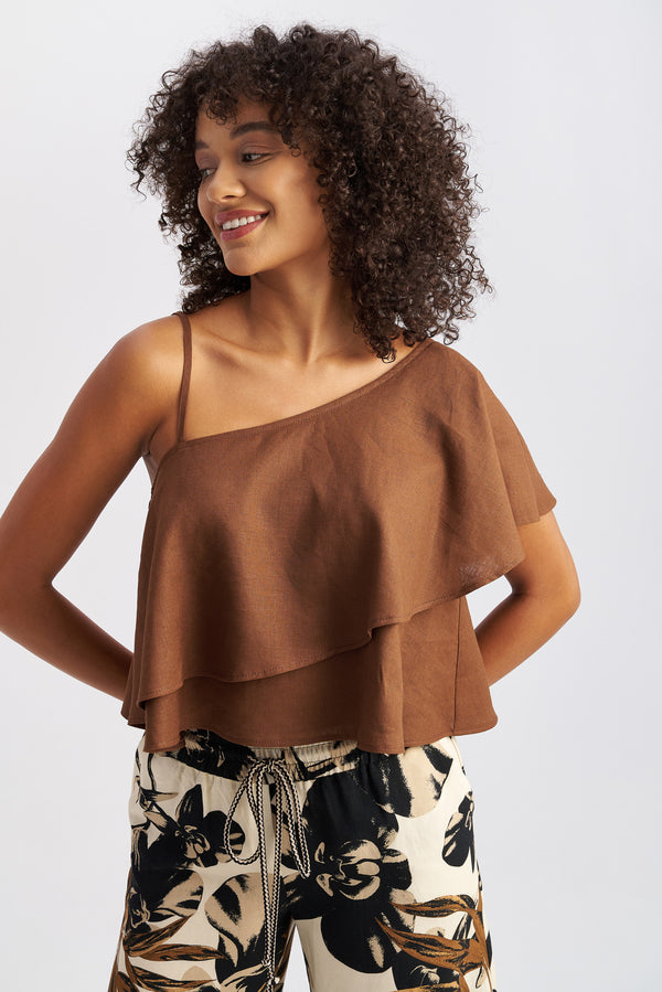 Thalia One Shoulder Top Brown