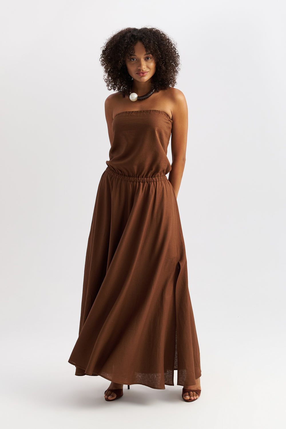 Dune Strapless Linen Dress Brown