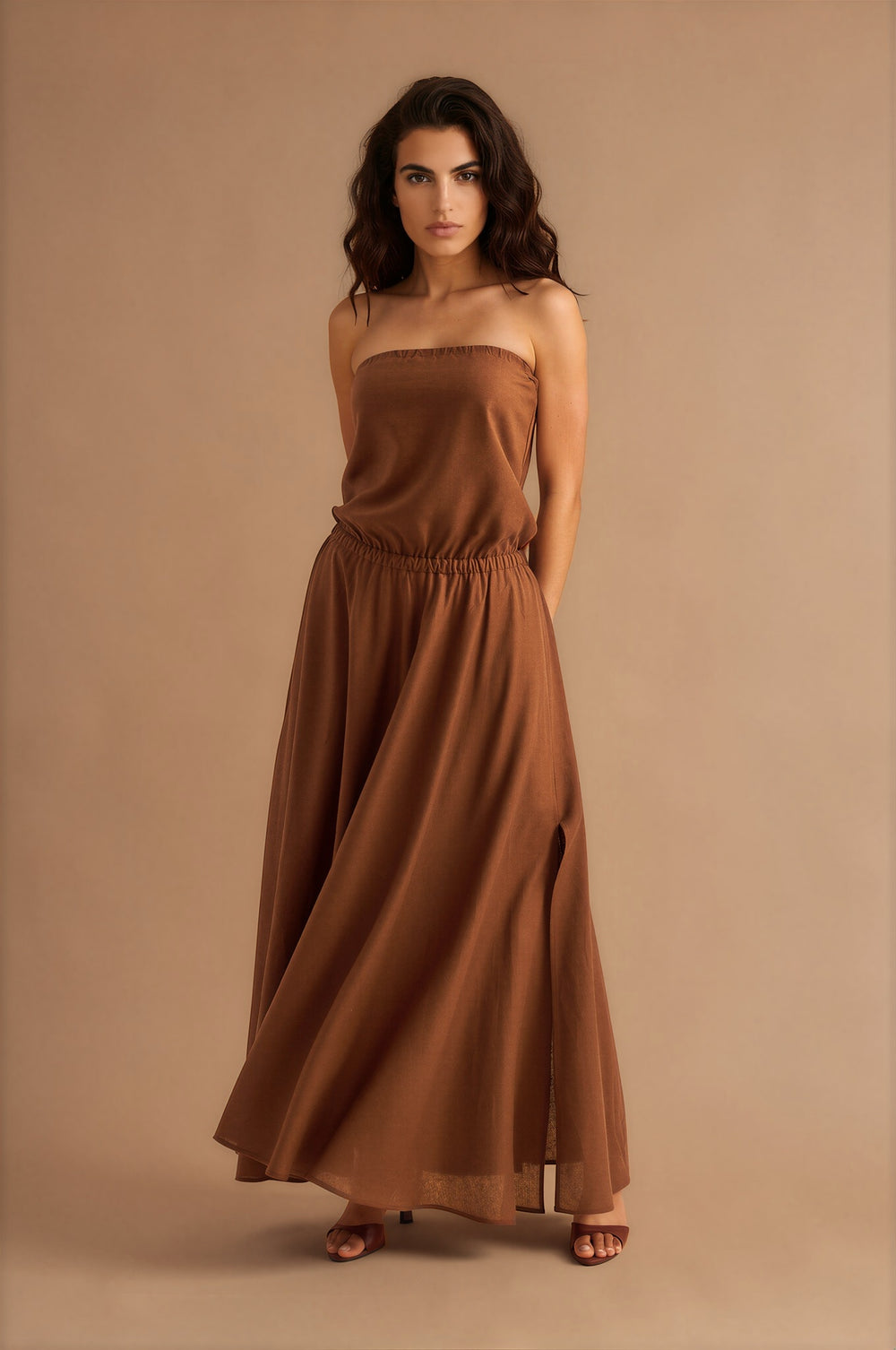 Dune Strapless Linen Dress Brown