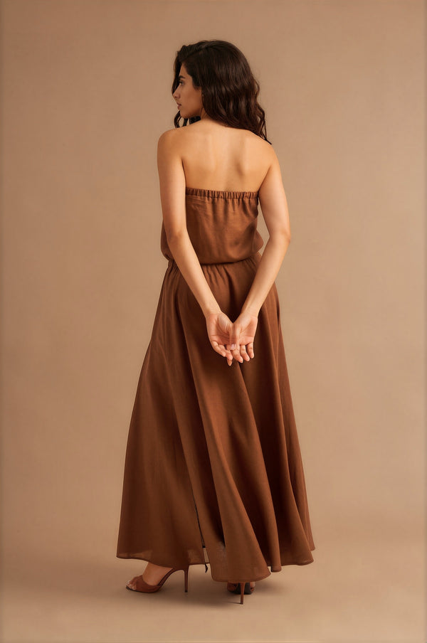 Dune Strapless Linen Dress Brown