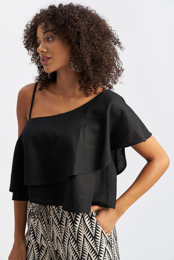 Thalia One Shoulder Top Black