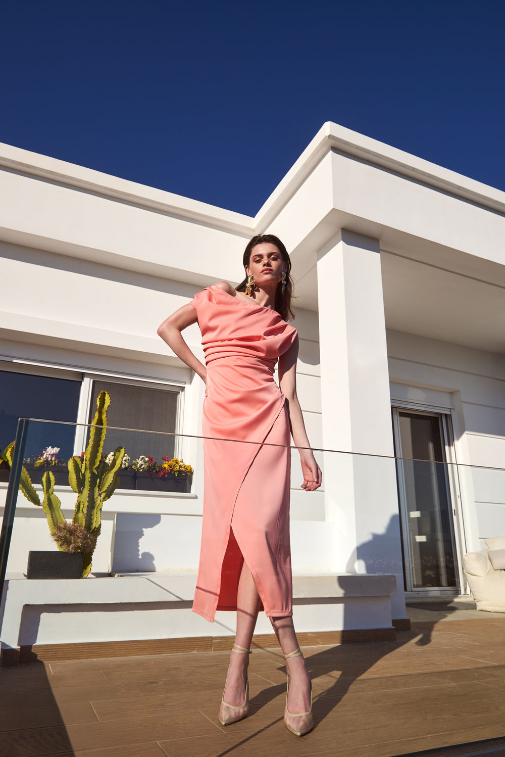 Drape Off Shoulder Midi Dress