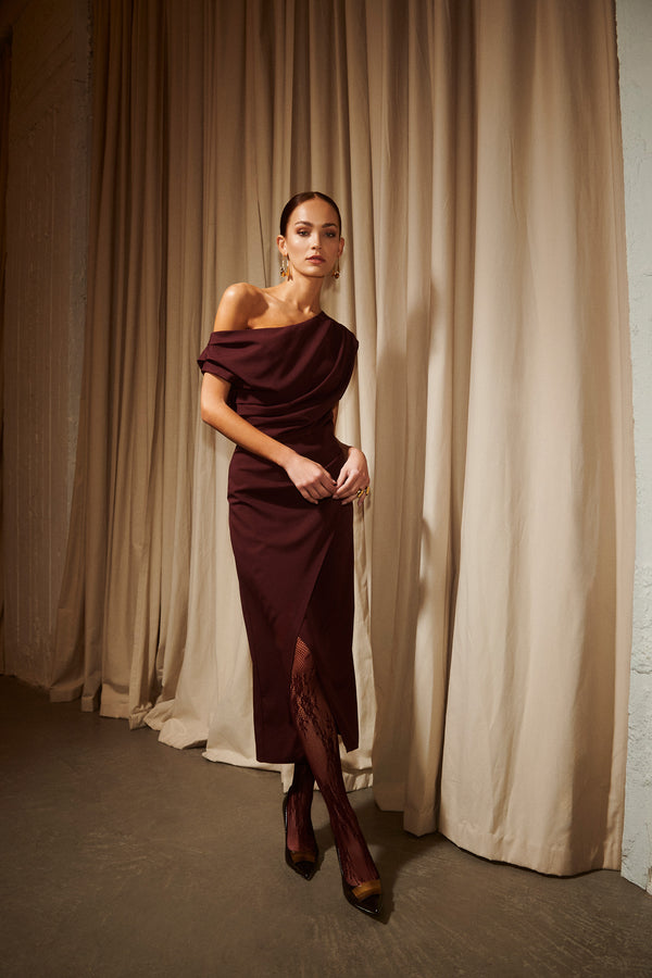 Drape Off Shoulder Midi Dress Wine
