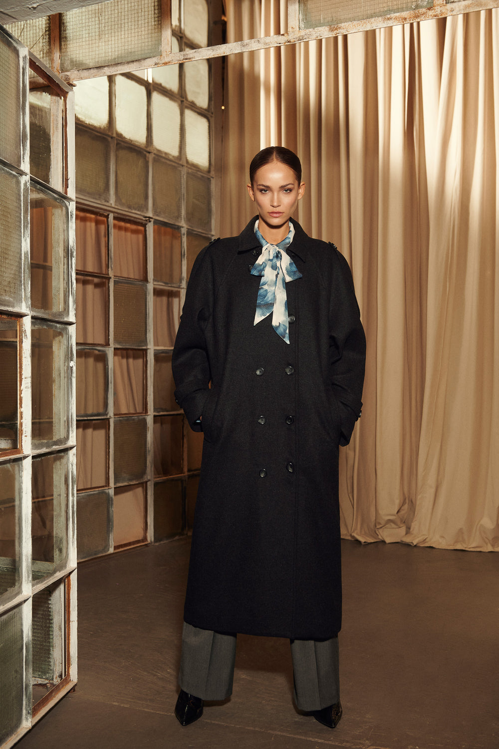 Wool Blend Trench with Cape Detail Charcoal