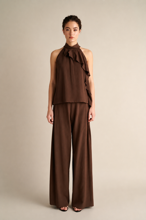 Wide Leg Trousers with Side Slits Coffee