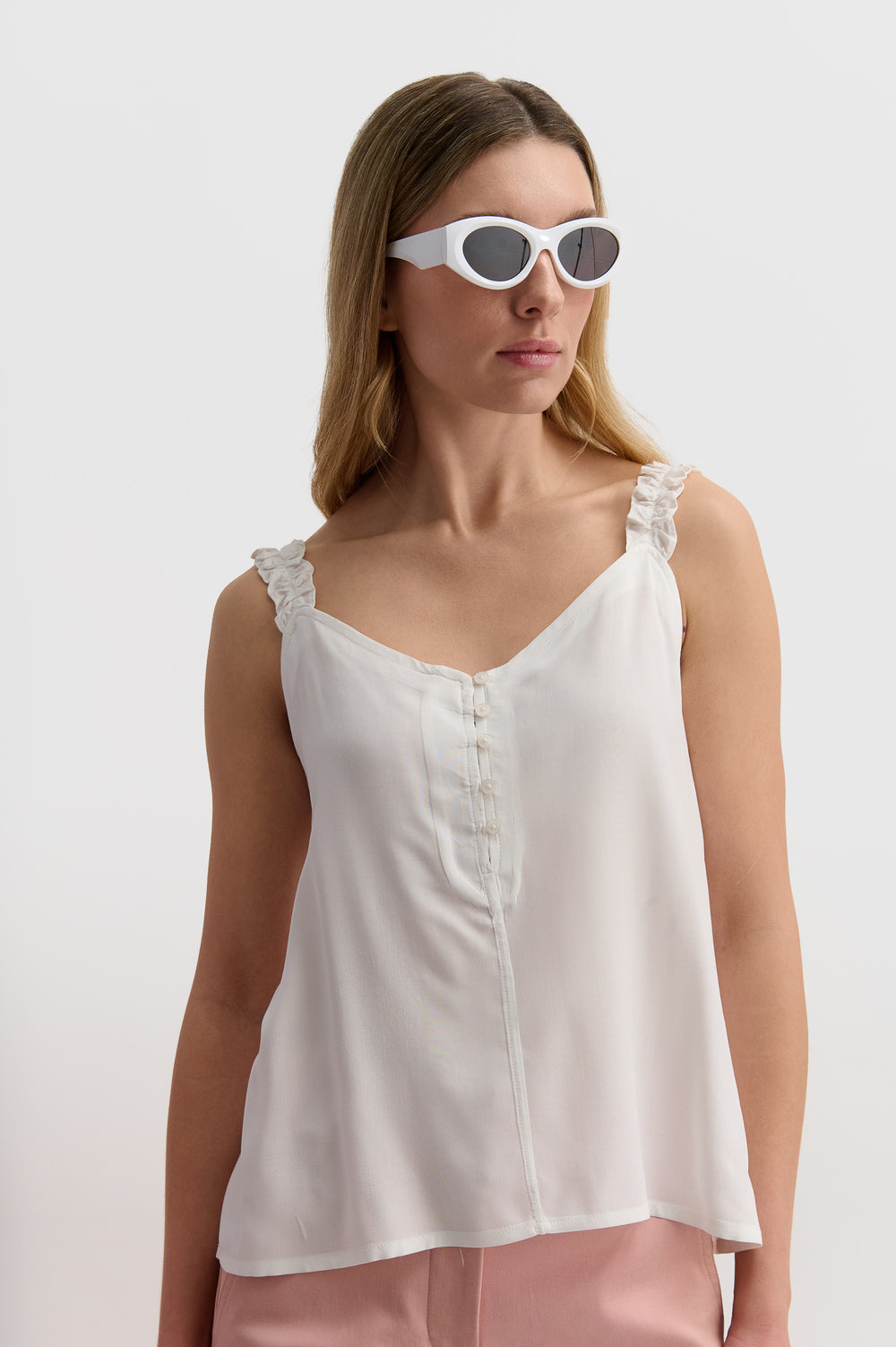 Ruffle Strap Cami With Button Detail