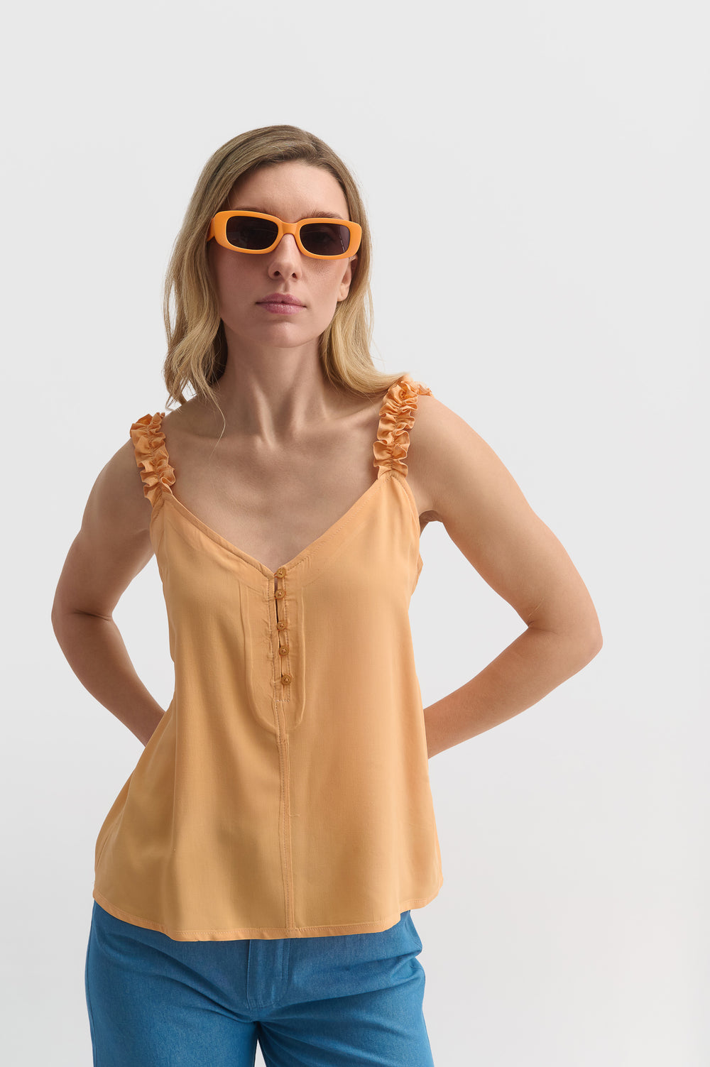 Ruffle Strap Cami With Button Detail