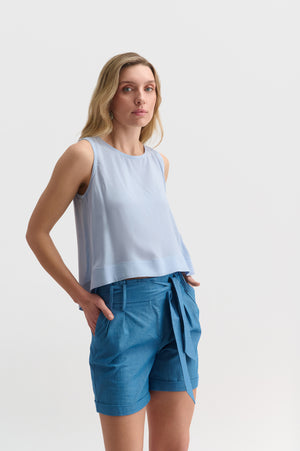 Denim Ruffle Waist Shorts